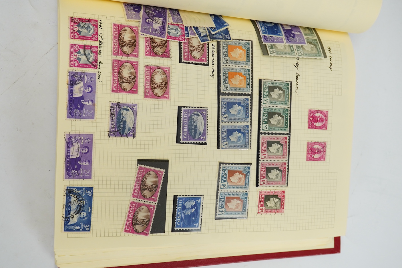 A collection of stamp albums, unmounted stamps and empty stock sheets, including a Victorian stamp album edited by Richard Senf, containing a selection of mid 19th century stamps, including an incomplete run of plated pe